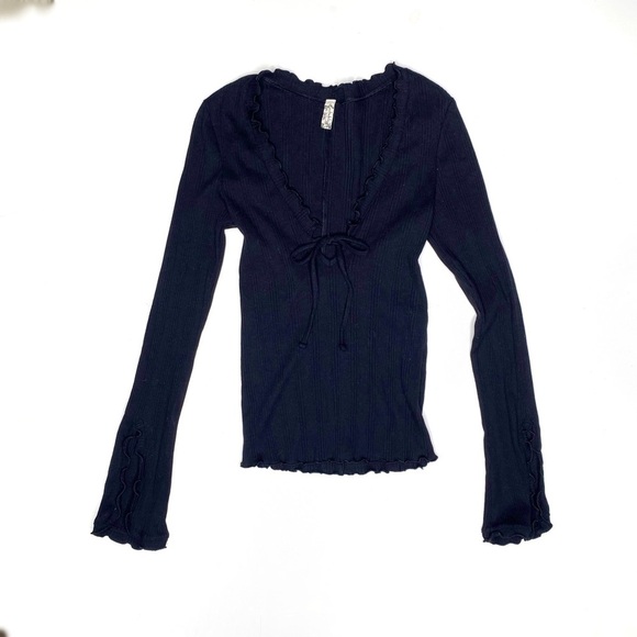 Intimately Free People Ribbed V Neck along Sleeve Top Black XS - Picture 1 of 6